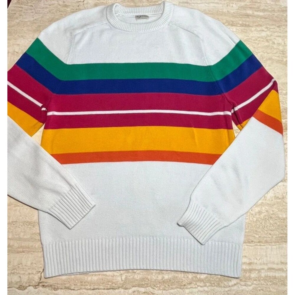 J. Crew Rainbow Stripe Crewneck Knit Sweater White Unisex Retro Colorblock